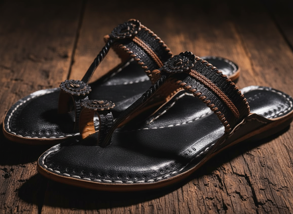 Parijat, Women's Midnight Black Kolhapuri Chappal