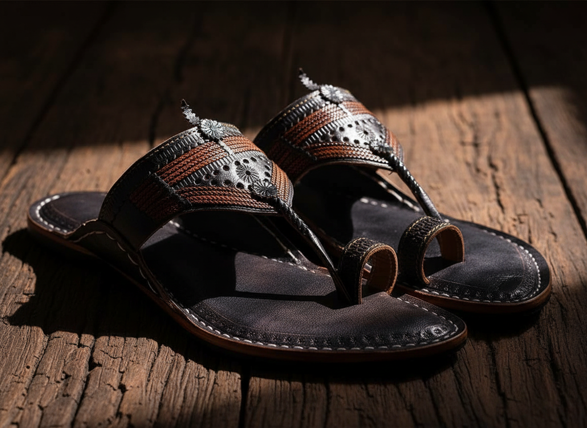 Sahyadri, Men's Black and Cognac Kolhapuri Chappal